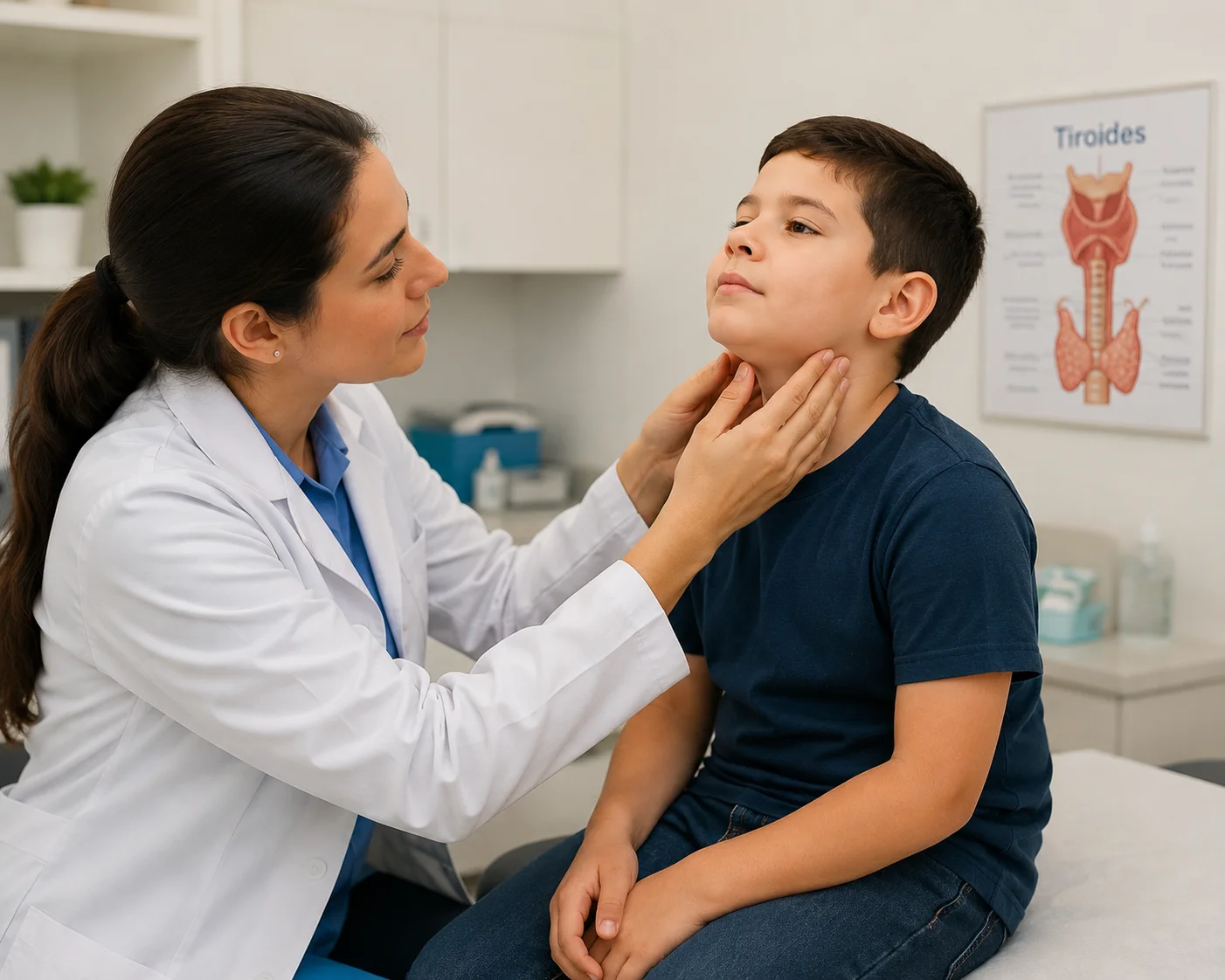 Un pediatra realizando una palpación cuidadosa del cuello/garganta de un niño